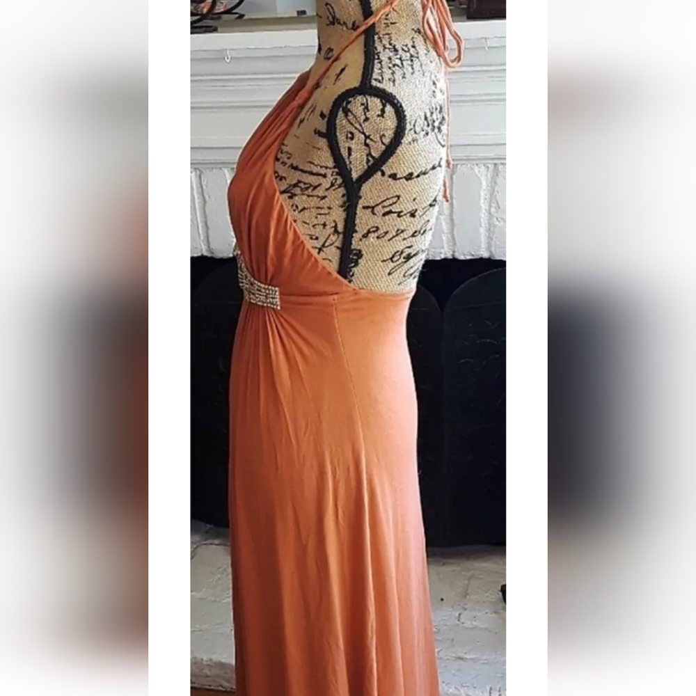 SKY BRAND WOMEN'S ORANGE HALTER LONG MAXI DRESS JEWELED TIGER RHINESTONES SZ S - Picture 9 of 13